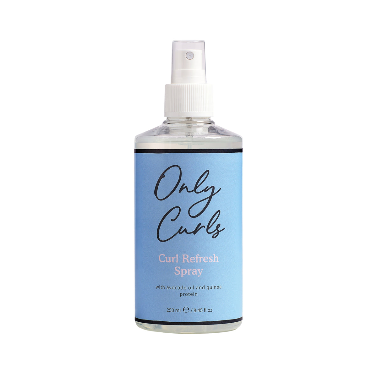Only Curls Curl Refresh Spray, 250 ml sprayflaske med lyseblå etiket og avocadoolie.