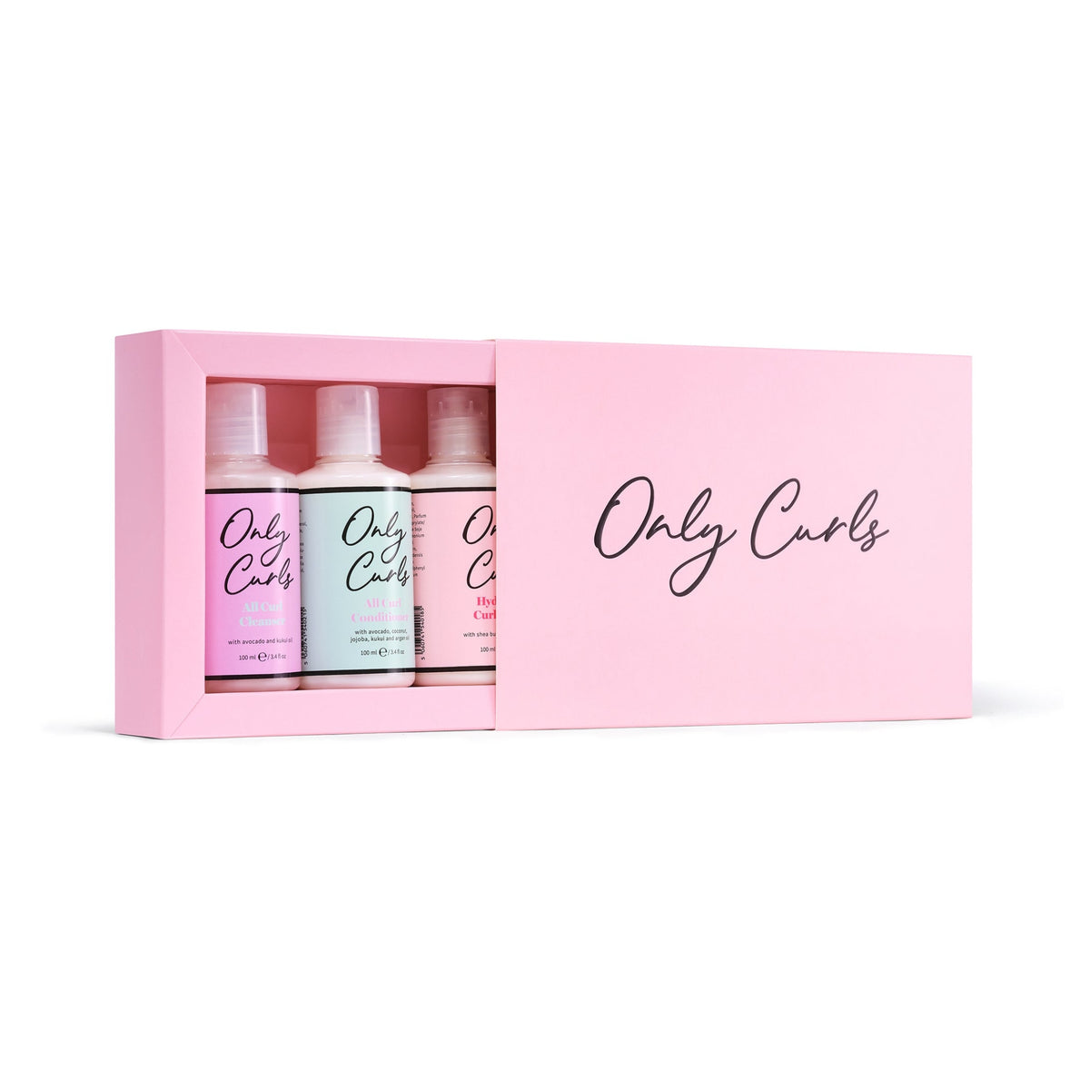 Only Curls gaveæske i lyserød med tre hårplejeflasker: All Curl Cleanser, All Curl Conditioner og Hydrating Curl Cream, 100 ml hver.