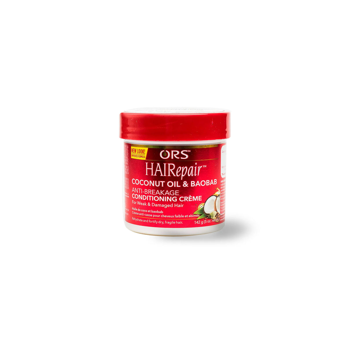 Plastic container with ORS HAIRepair Coconut Oil & Baobab Anti-Breakage Conditioning Crème (142g). The cream is designed to rehydrate and strengthen dry and fragile hair and contains coconut oil and baobab.
