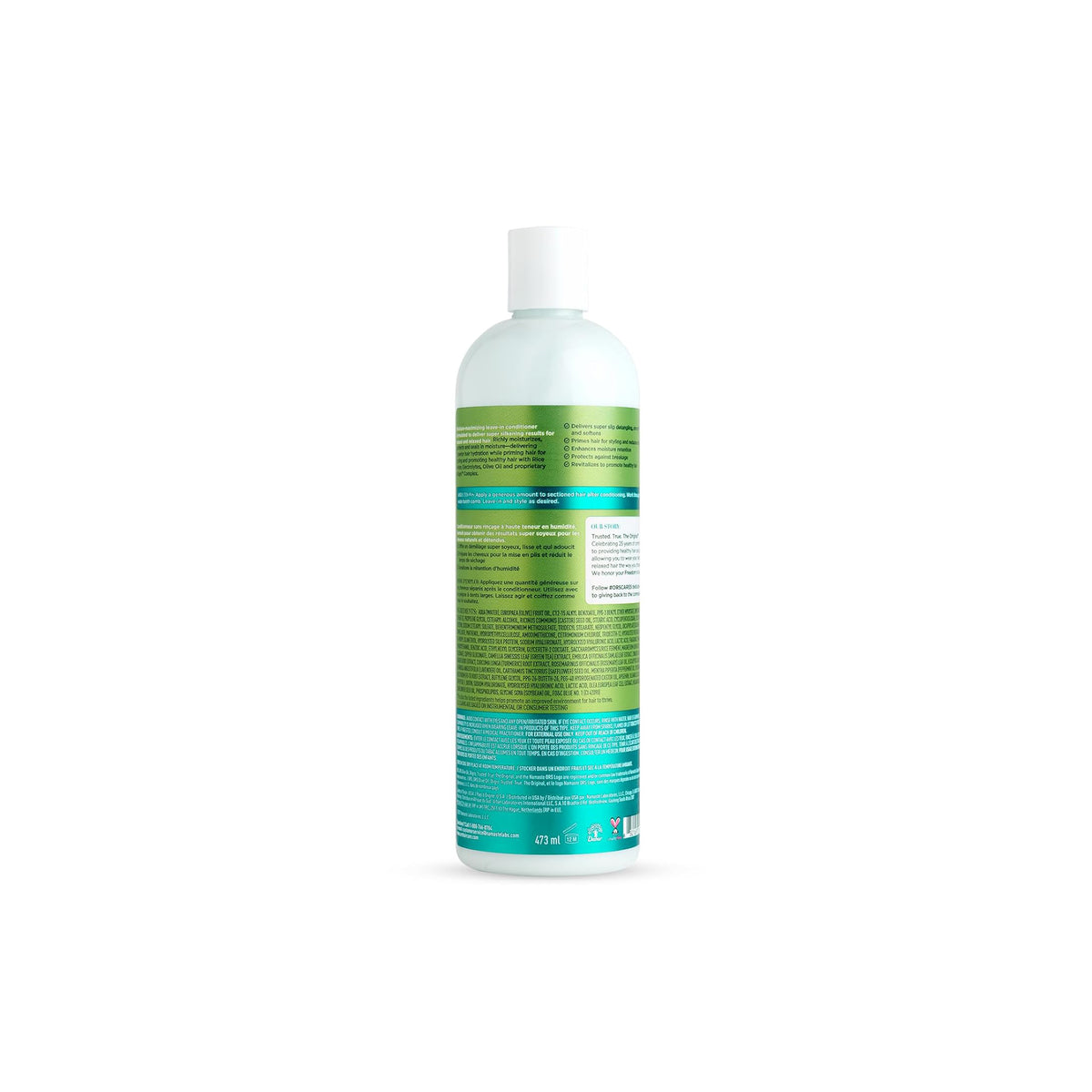Back of ORS Olive Oil Max Moisture Super Silkening Leave-In Conditioner (473ml) with ingredient list and directions for use.