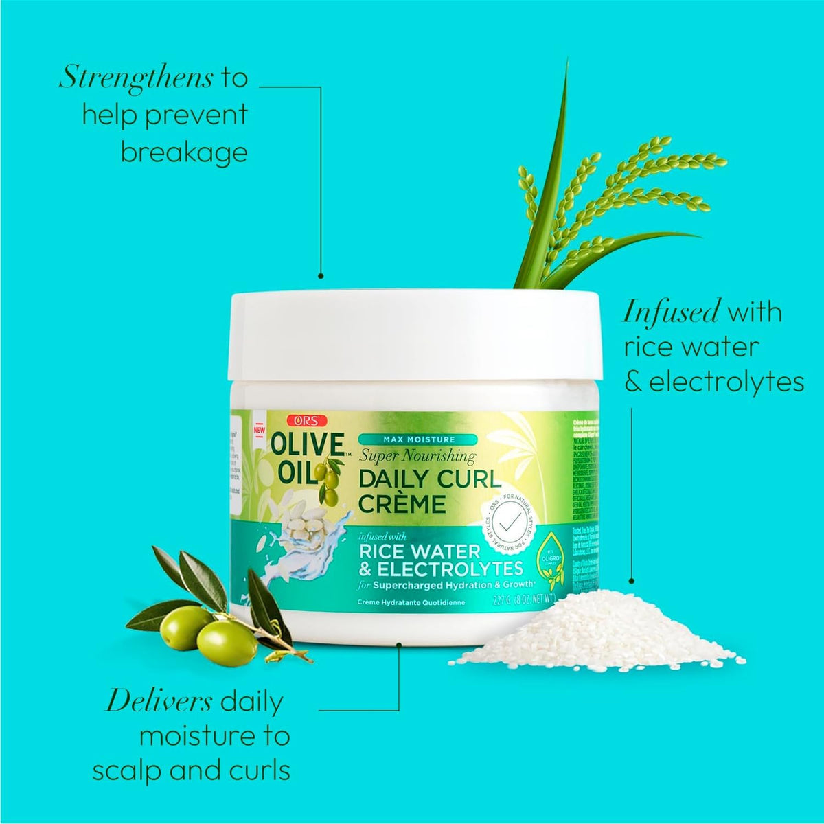 Product image of ORS Olive Oil Daily Curl Crème (227g), which highlights strengthening, moisturizing and conditioning properties.