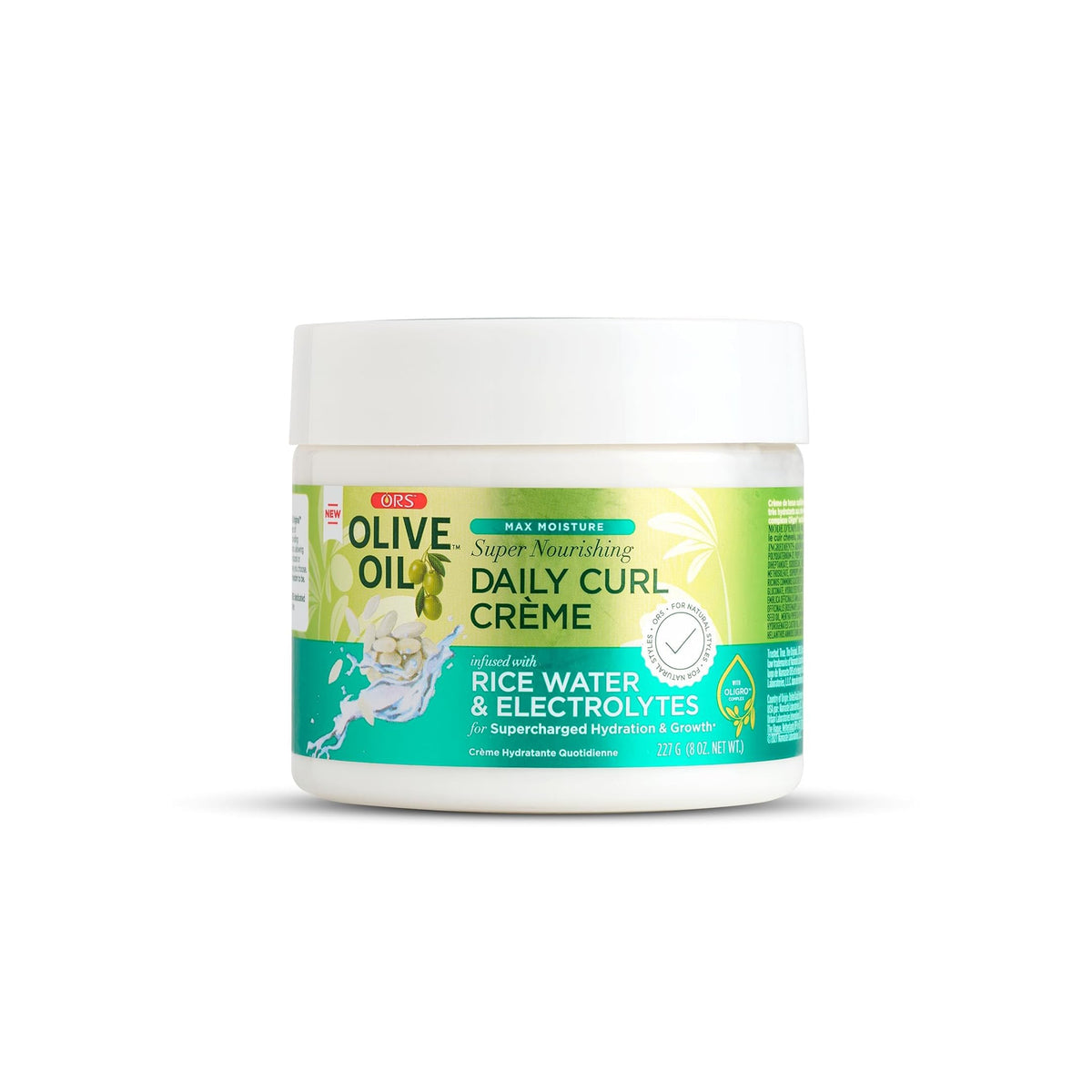 White plastic container with ORS Olive Oil Max Moisture Super Nourishing Daily Curl Crème (227g) for care of curls.