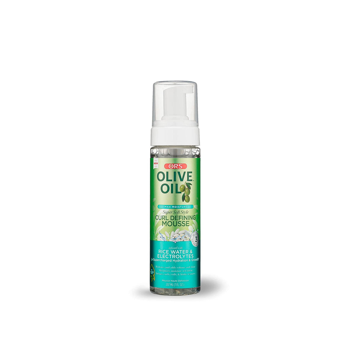 Bottle of ORS Olive Oil Max Moisture Super Soft Style Curl Defining Mousse (207 ml) for defined curls.