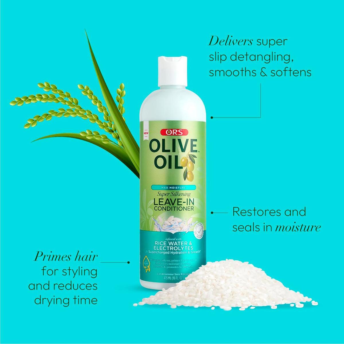 Product image of ORS Olive Oil Leave-In Conditioner, which highlights softening, smoothing and moisturizing properties.