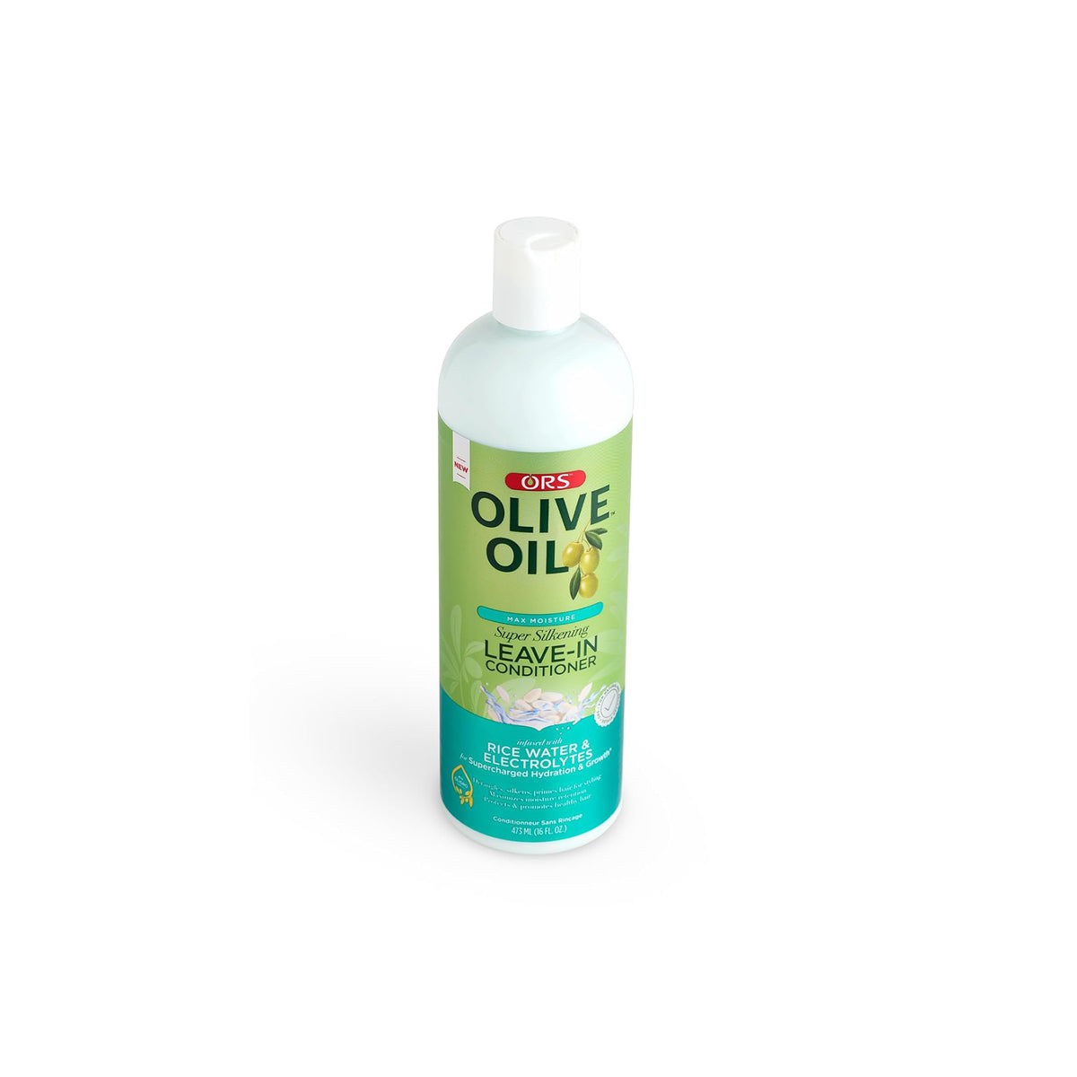 Bottle of ORS Olive Oil Max Moisture Super Silkening Leave-In Conditioner (473 ml) for silky and hydrated hair.