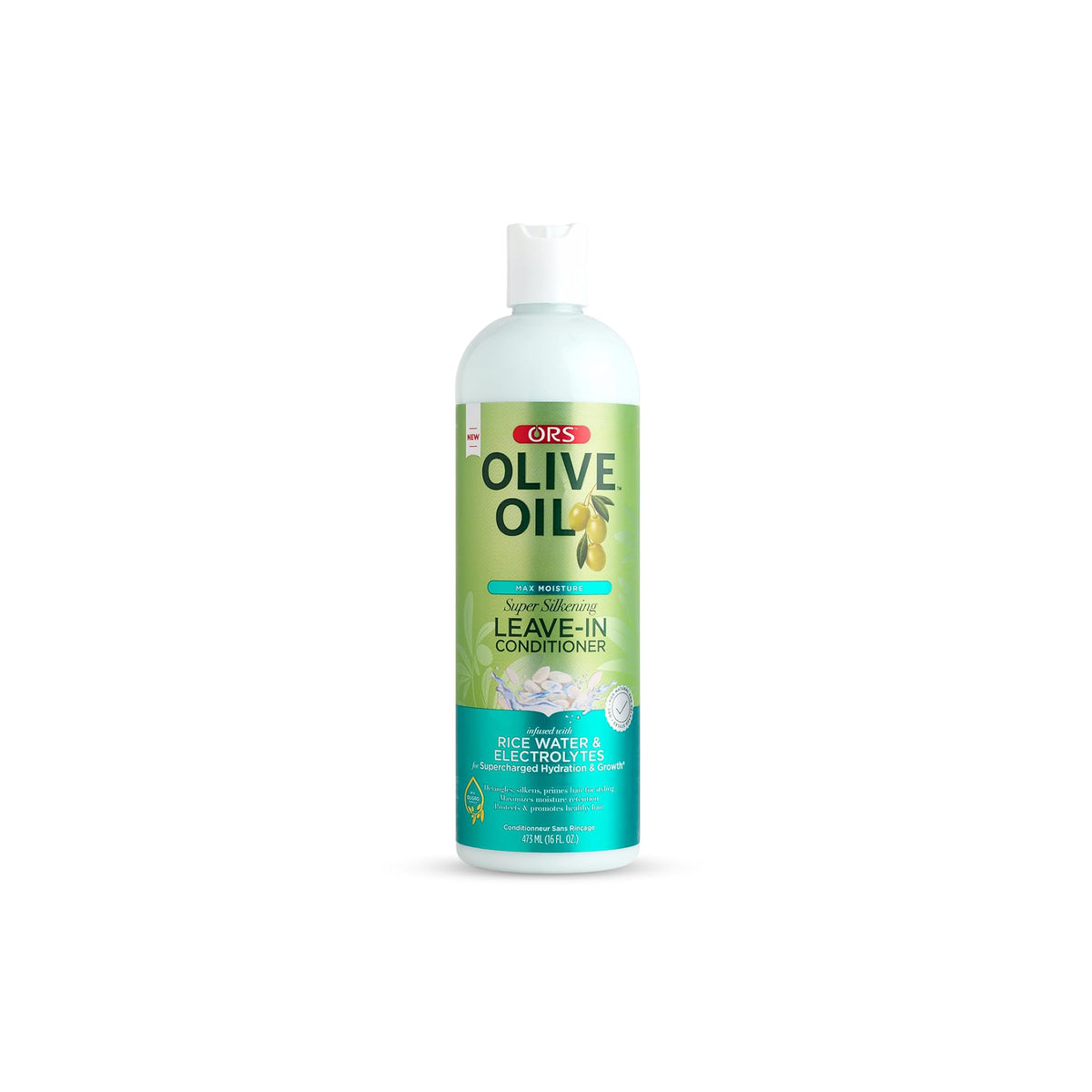 Bottle of ORS Olive Oil Max Moisture Super Silkening Leave-In Conditioner (473 ml) for silky smooth hair.