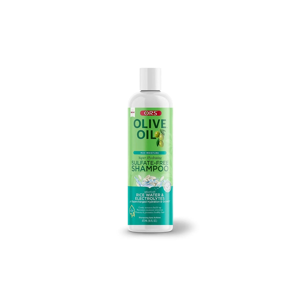 Bottle of ORS Olive Oil Max Moisture Super Hydrating Sulfate Free Shampoo (473 ml) for super hydration.