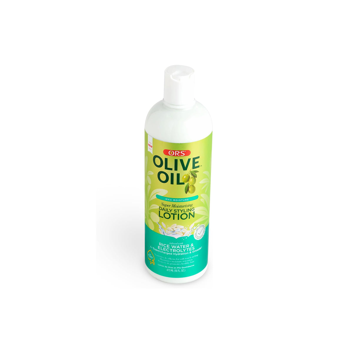Bottle of ORS Olive Oil Max Moisture Super Moisturizing Daily Styling Lotion (473 ml) for daily styling.