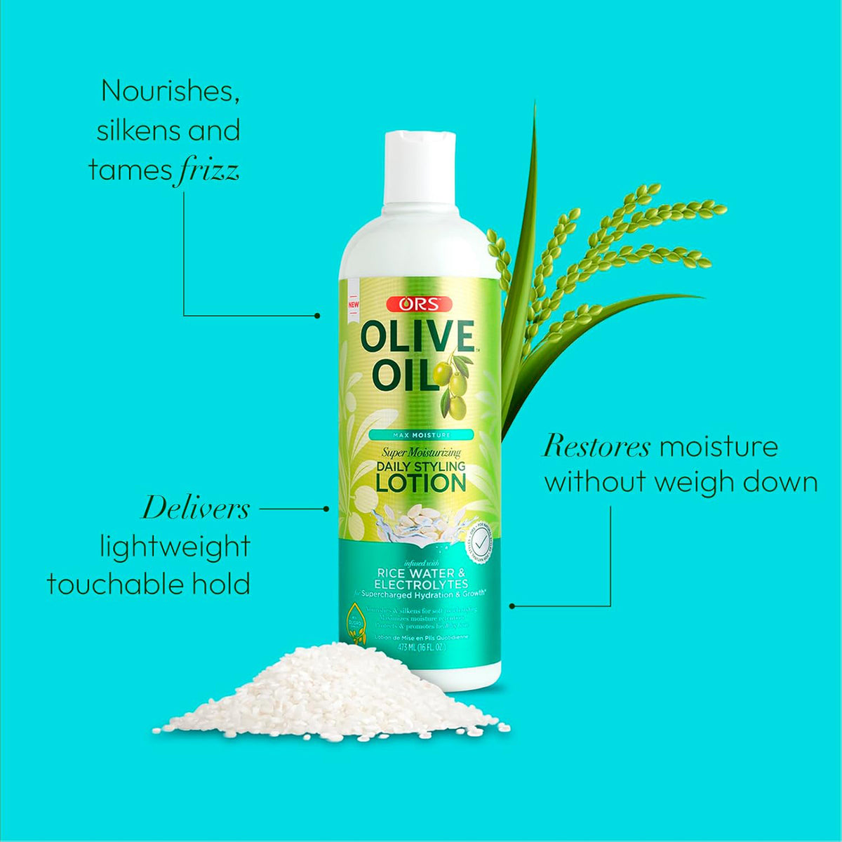 Product image of ORS Olive Oil Styling Lotion (473 ml) with graphic elements highlighting light hold, moisture and anti-frizz effect.