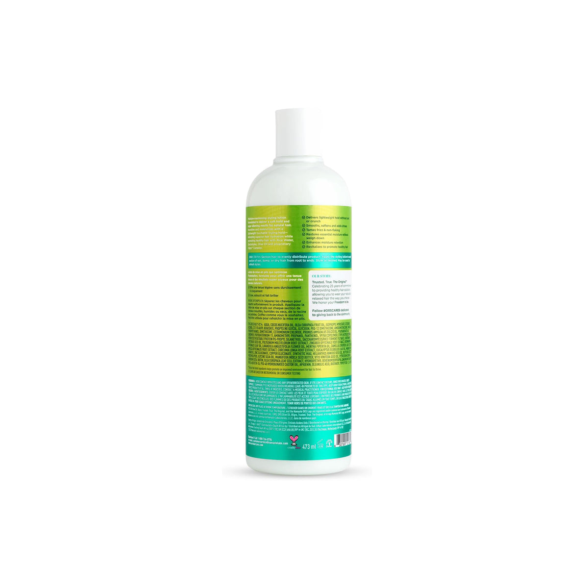 Back of ORS Olive Oil Max Moisture Styling Lotion (473ml) with information on ingredients and instructions for use.