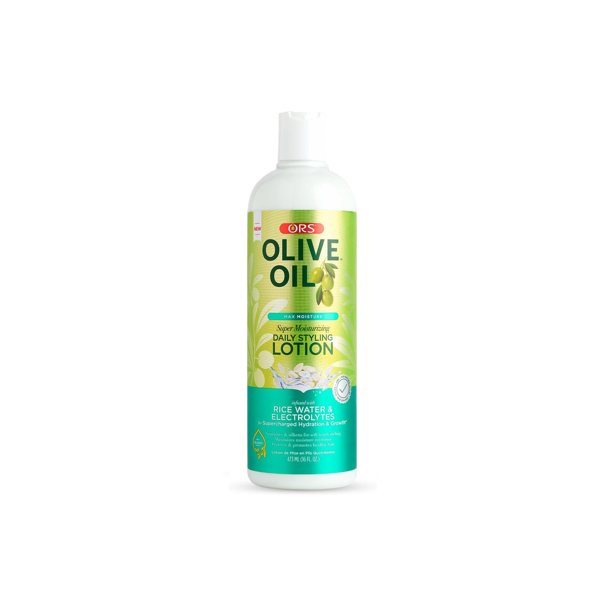 Bottle of ORS Olive Oil Max Moisture Super Moisturizing Daily Styling Lotion (473 ml) for intense moisture.