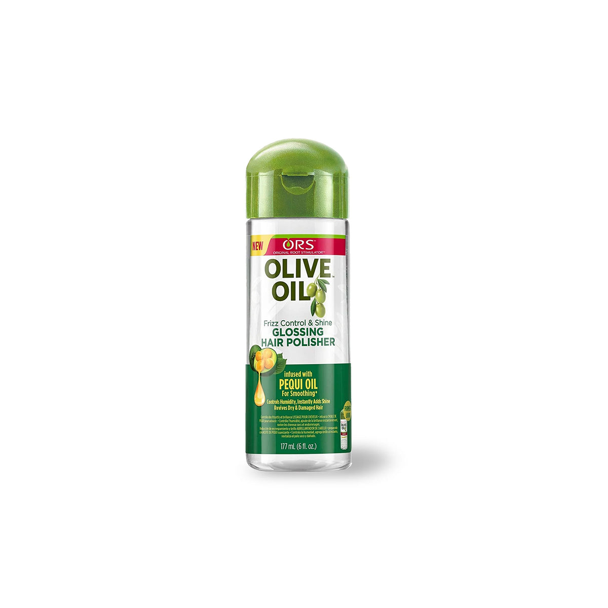 Bottle of ORS Olive Oil Anti-Frizz Glossing Hair Polisher (177 ml). Controls frizz, adds shine and revitalizes dry and damaged hair.