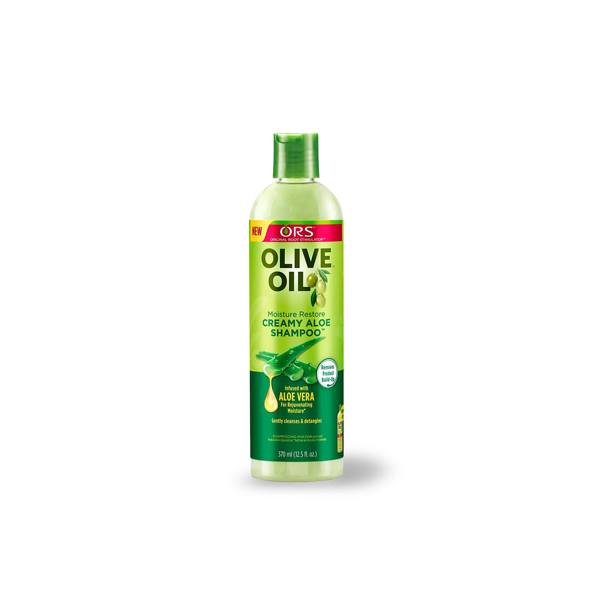Bottle of ORS Olive Oil Creamy Aloe Shampoo (370 ml). The product cleans and smoothes the hair gently.