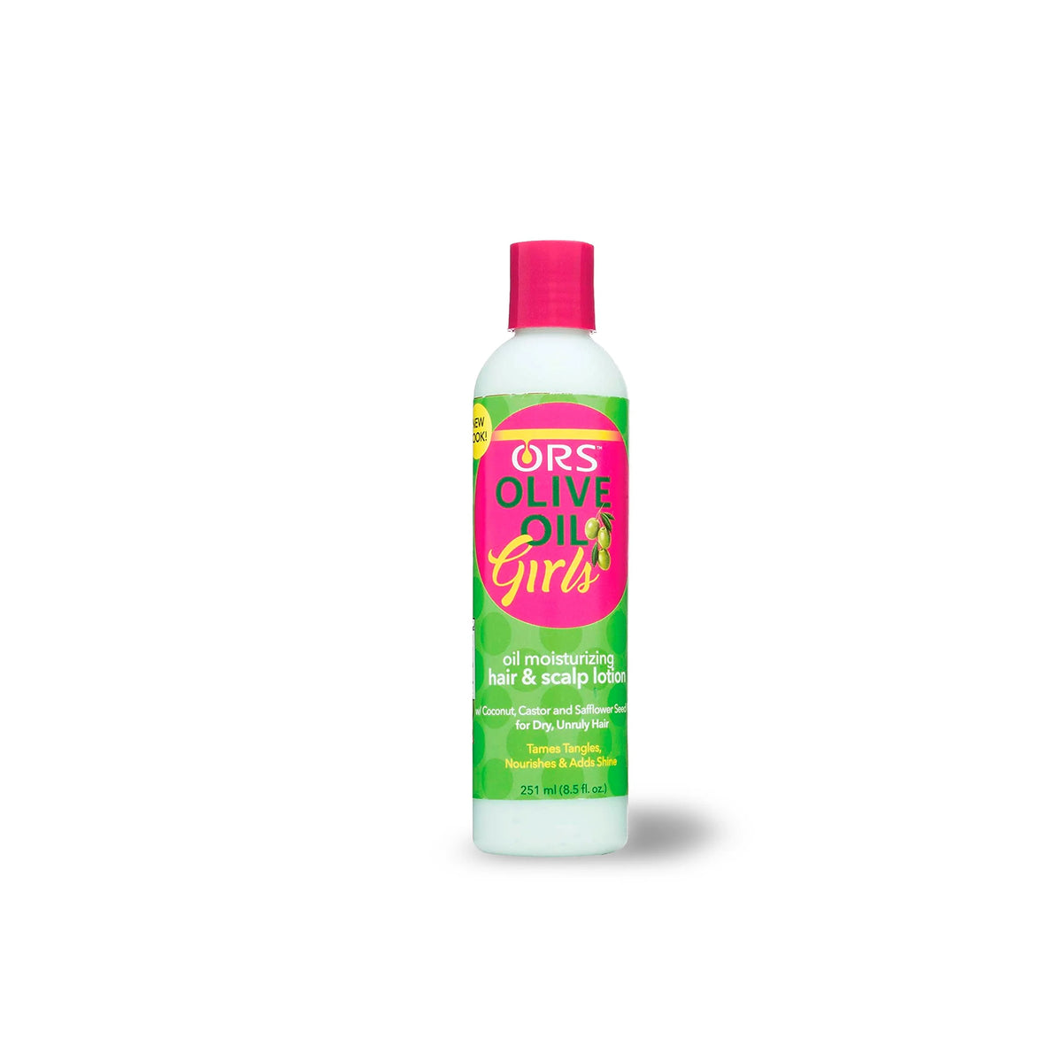 ORS Olive Oil Girls Oil Moisturizing Hair & Scalp Lotion in a white bottle with a pink cap and label. Designed to moisturize and care for children's hair and scalp.
