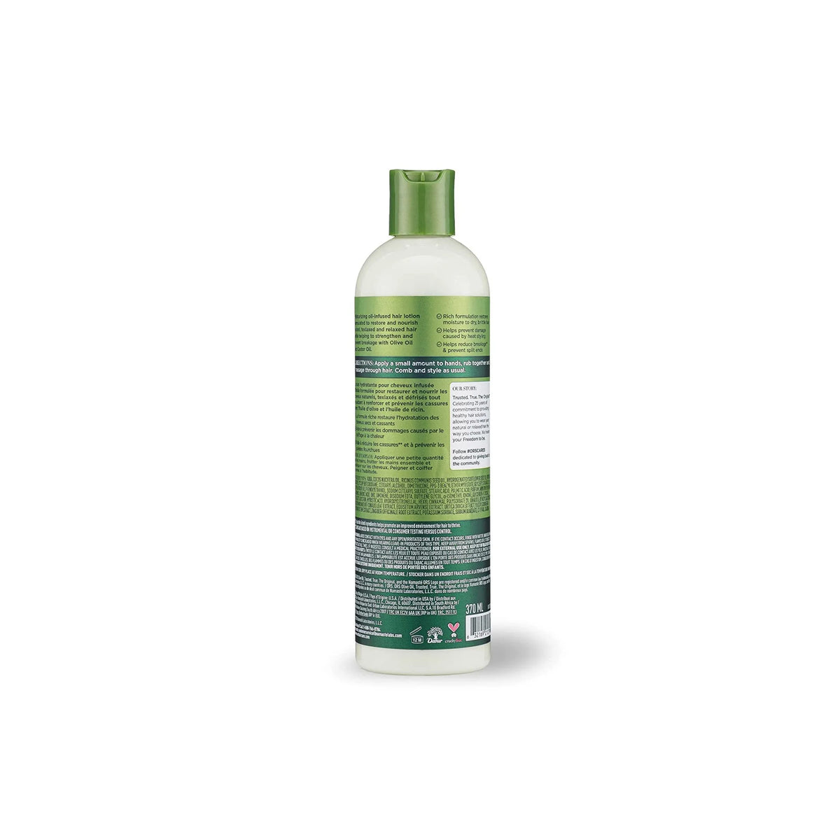 The back of the bottle of ORS Olive Oil Incredibly Rich Oil Moisturizing Hair Lotion. Shows ingredients list and instructions for use.