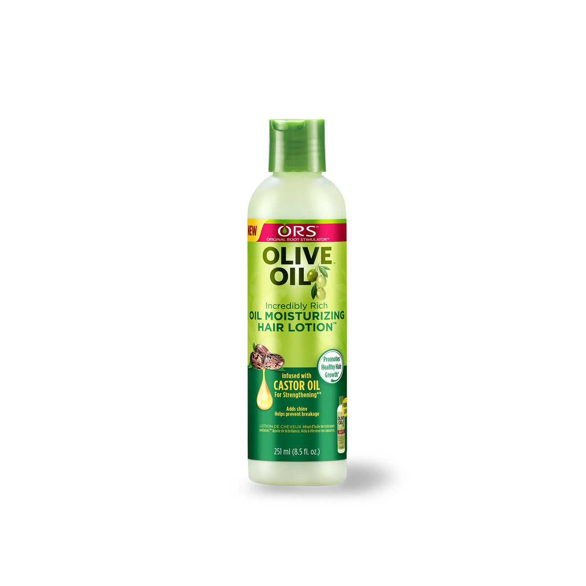 ORS Olive Oil Incredibly Rich Oil Moisturizing Hair Lotion in a white bottle with a green label. Enriched with castor oil to strengthen hair.