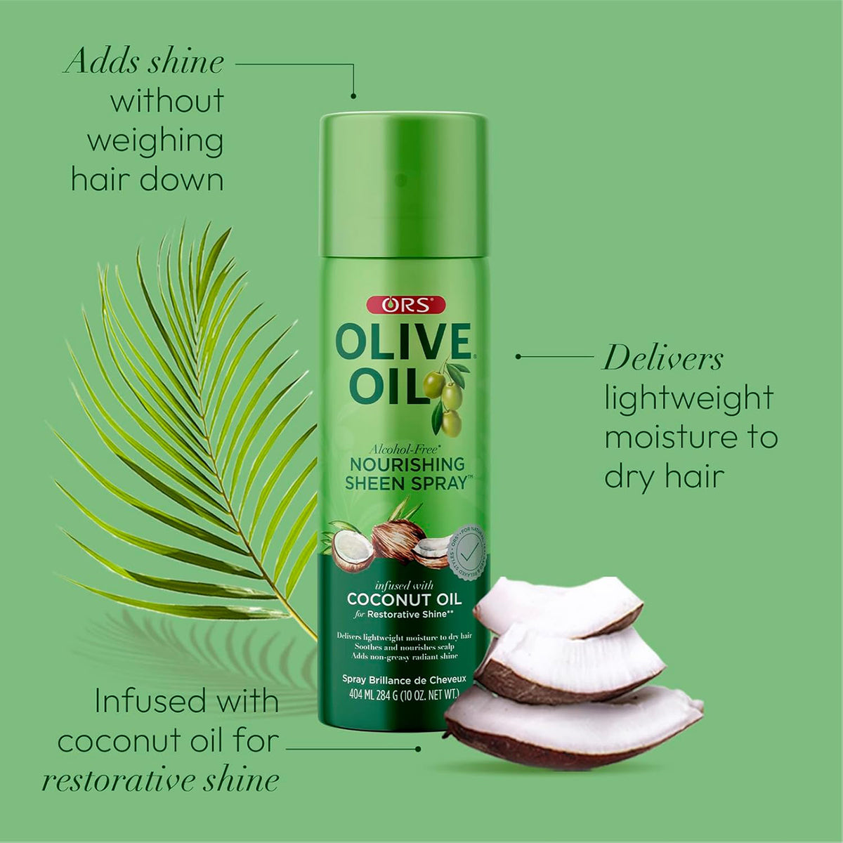 ORS Olive Oil Nourishing Sheen Spray with coconut oil. The image shows the product with a coconut and a palm leaf, highlighting the natural ingredients and light moisture.