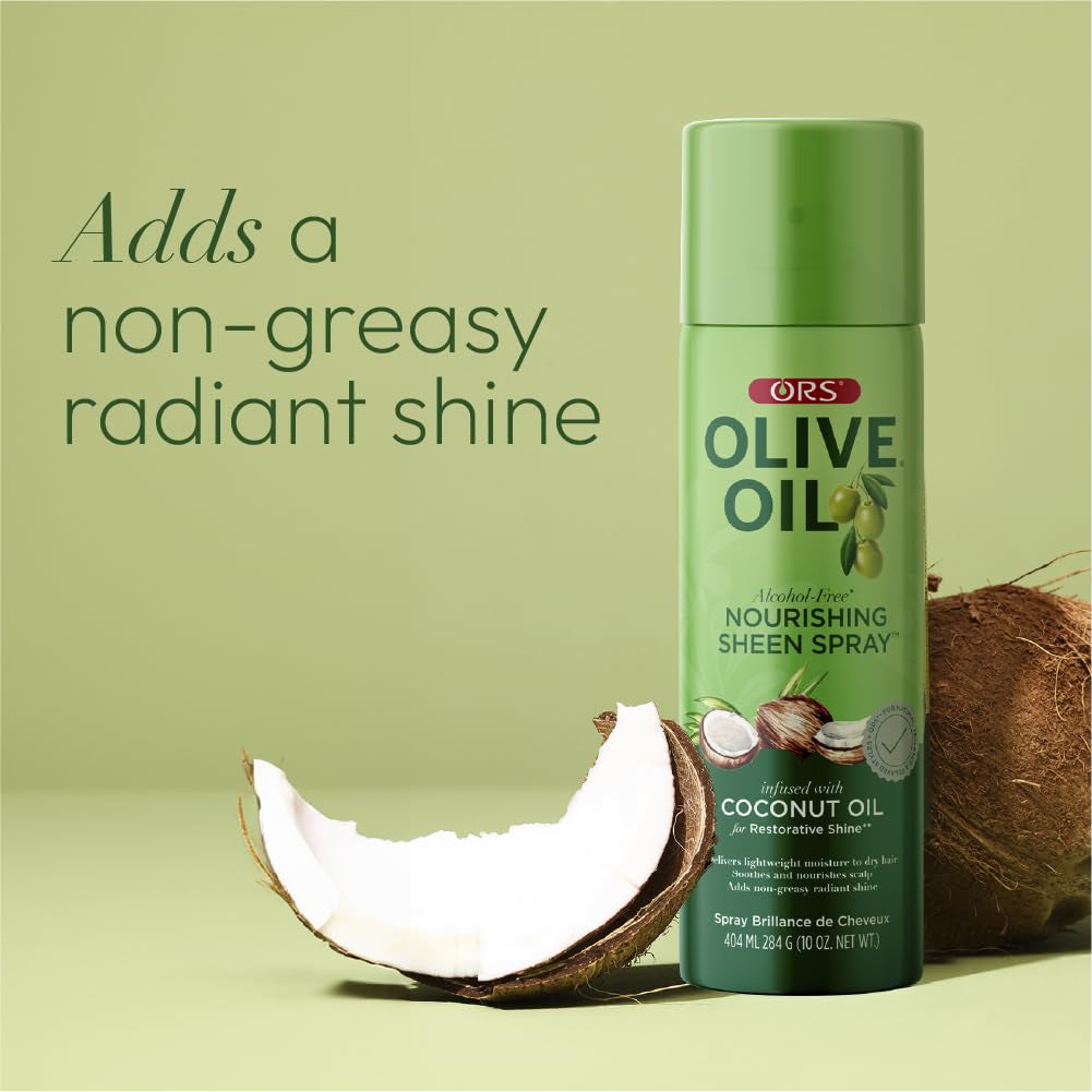 ORS Olive Oil Nourishing Sheen Spray with coconut oil. The image shows the product together with an open coconut, emphasizing the ingredient.