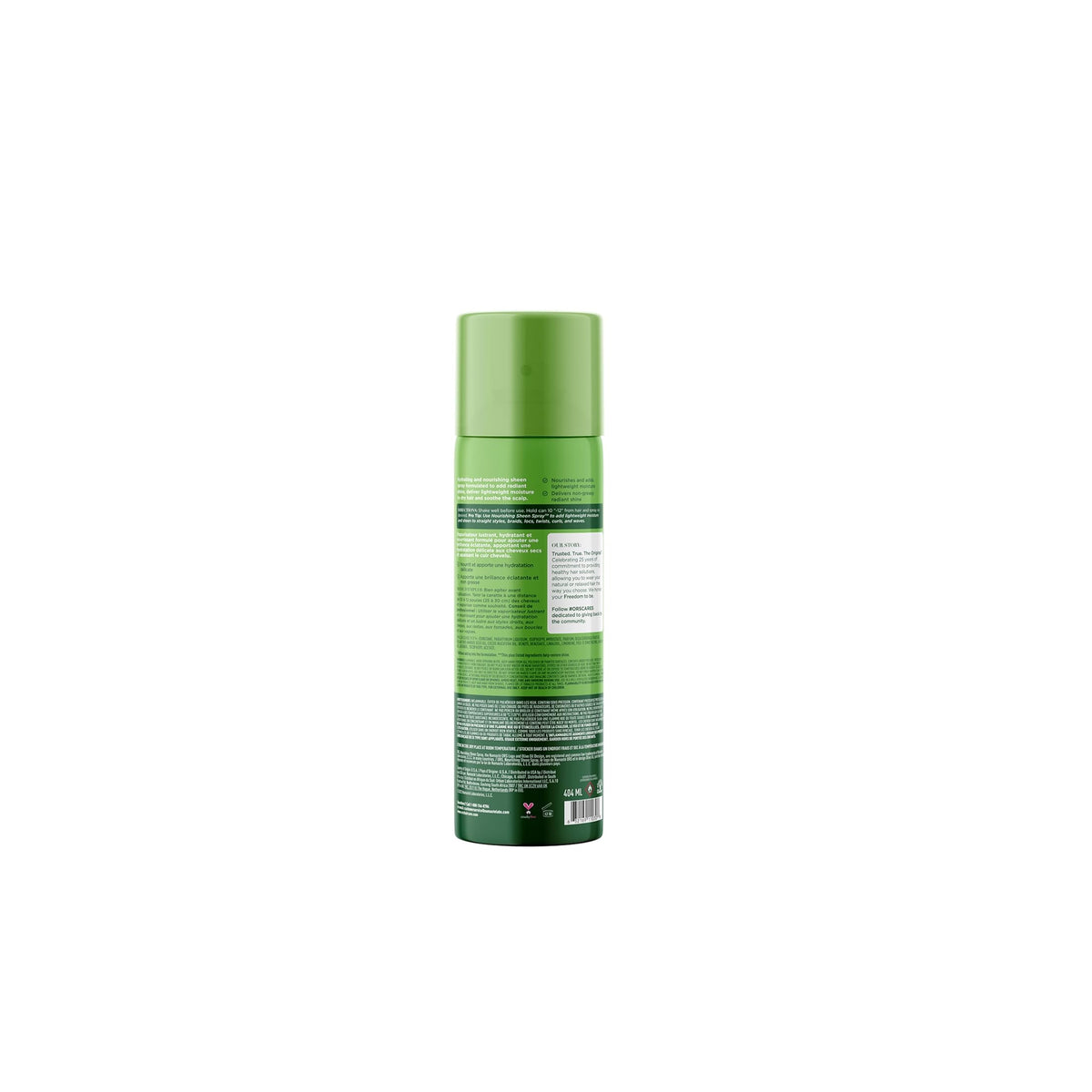Back of ORS Olive Oil Nourishing Sheen Spray with coconut oil in a green spray bottle. Gives shine and care to the hair.