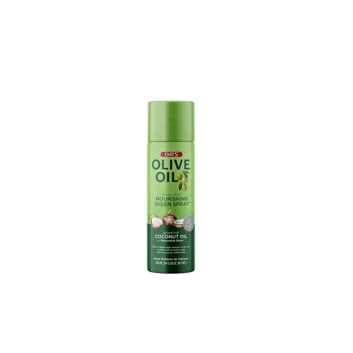 Green spray bottle with white and green text containing ORS Olive Oil Nourishing Sheen Spray with coconut oil (404 ml).
