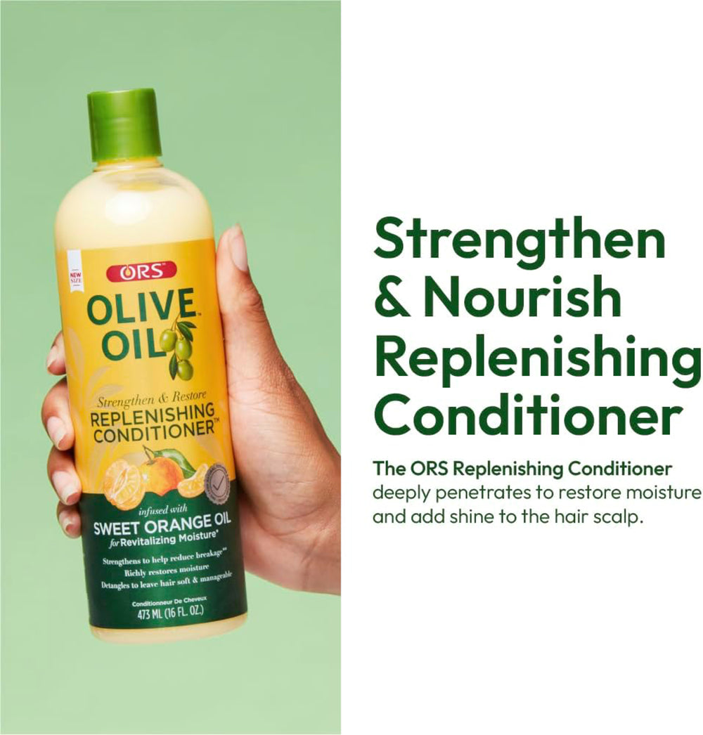 ORS Olive Oil Strengthen & Nourish Replenishing Conditioner (473 ml) with olive oil and sweet orange oil. Restores moisture, adds shine and reduces breakage. Image shows a hand holding the bottle.