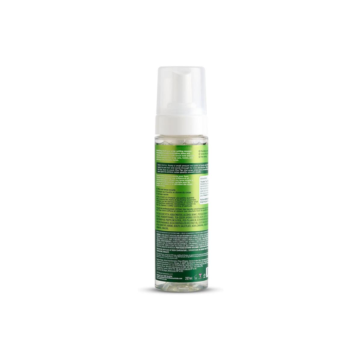 ORS Olive Oil Wrap/Set Mousse (207 ml) back lists ingredients as water, alcohol denat, coconut oil and olive oil.