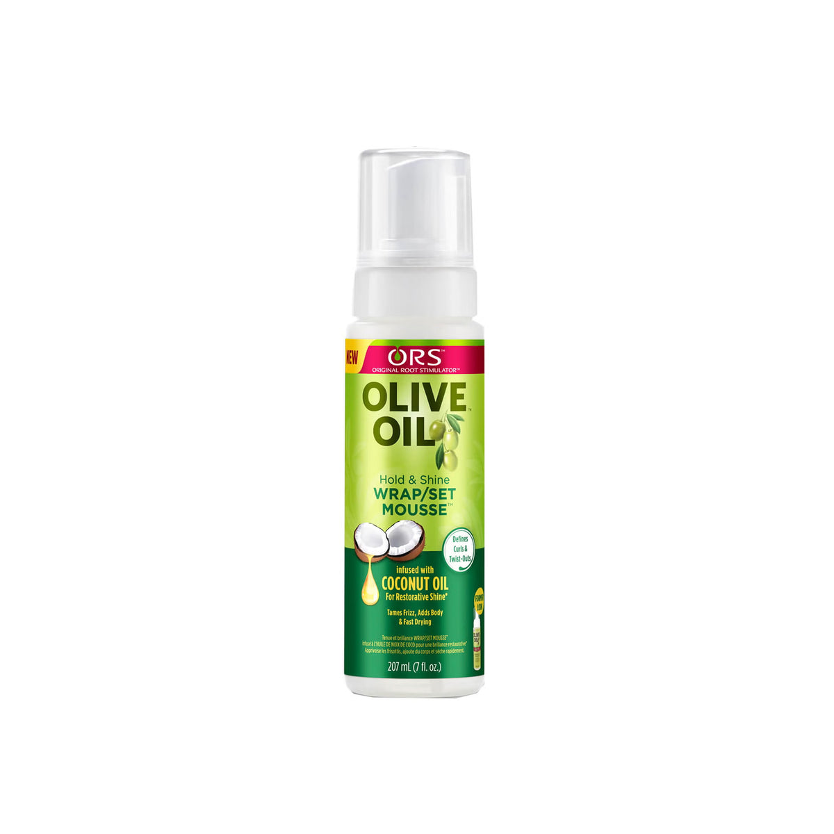 ORS Olive Oil Hold & Shine Wrap/Set Mousse (207 ml) with coconut oil for shine, hold and quick drying.