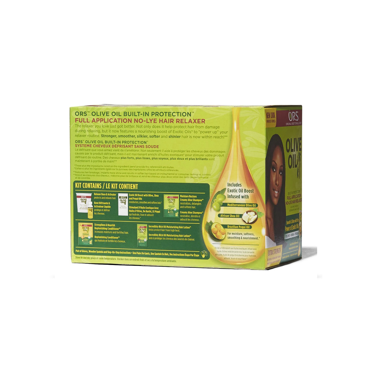 ORS Olive Oil No-Lye Hair Relaxer (Normal) Back: Shows Relaxer Base, Activator, Exotic Oil Boost (olive, shea, pequi), Shampoo and Lotion.
