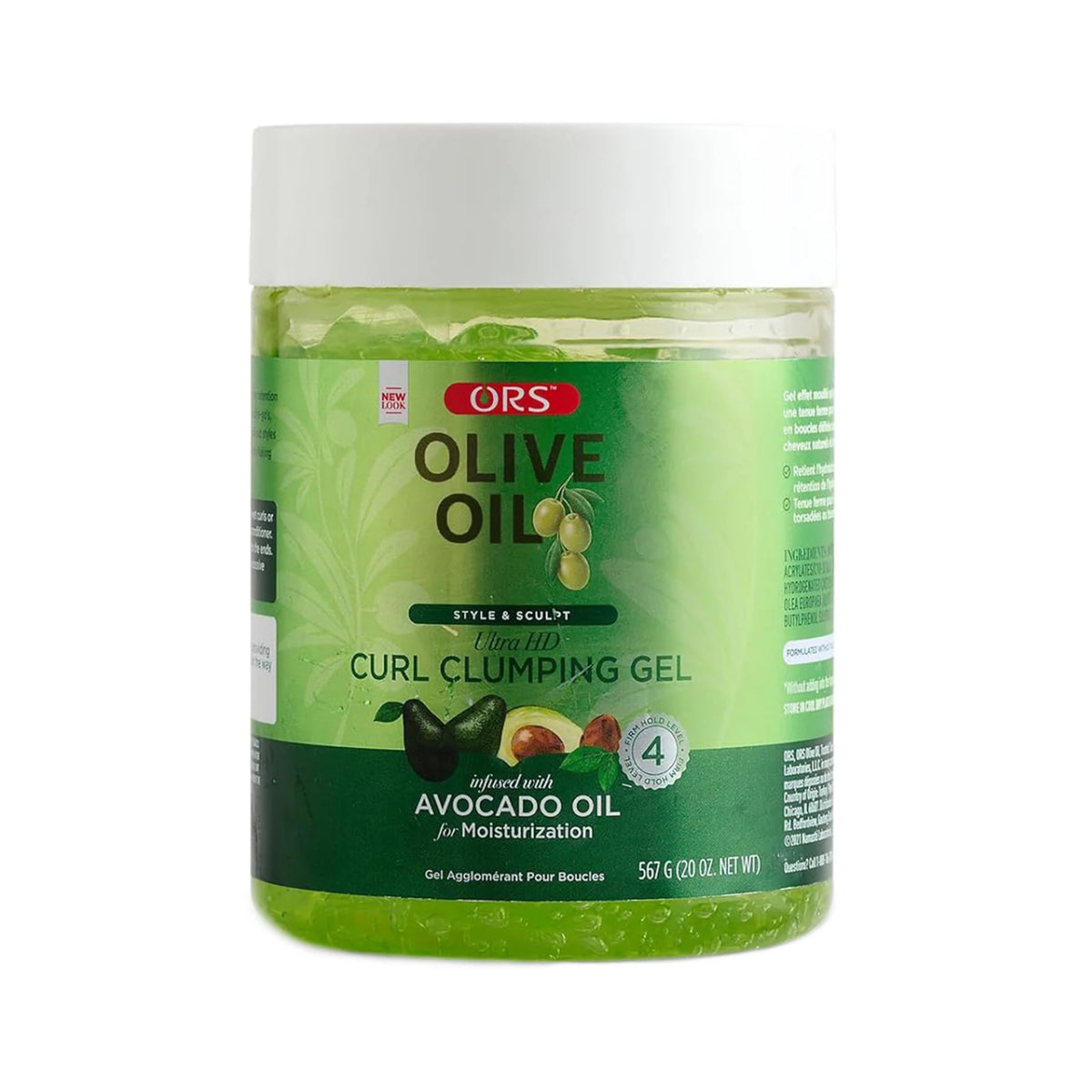 ORS Olive Oil Curl Clumping Gel i grøn 567 g dunk med avocadoolie og hvidt låg.