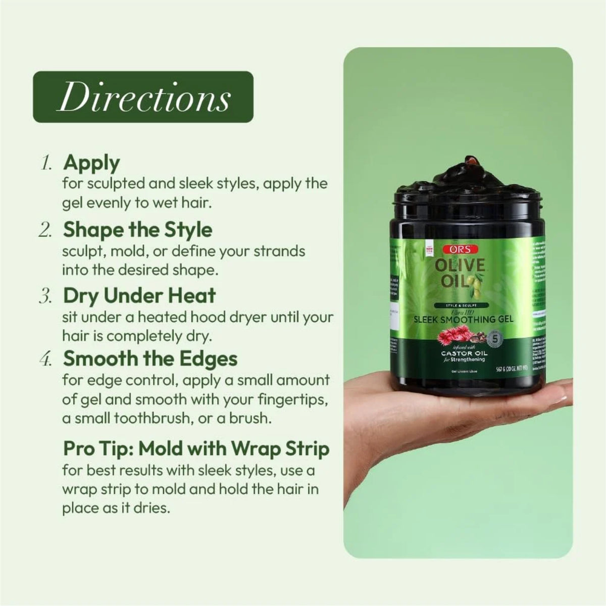 ORS Olive Oil Sleek Smoothing Gel med Castor Oil holdt i hånd, med brugsanvisning i fire trin til styling.