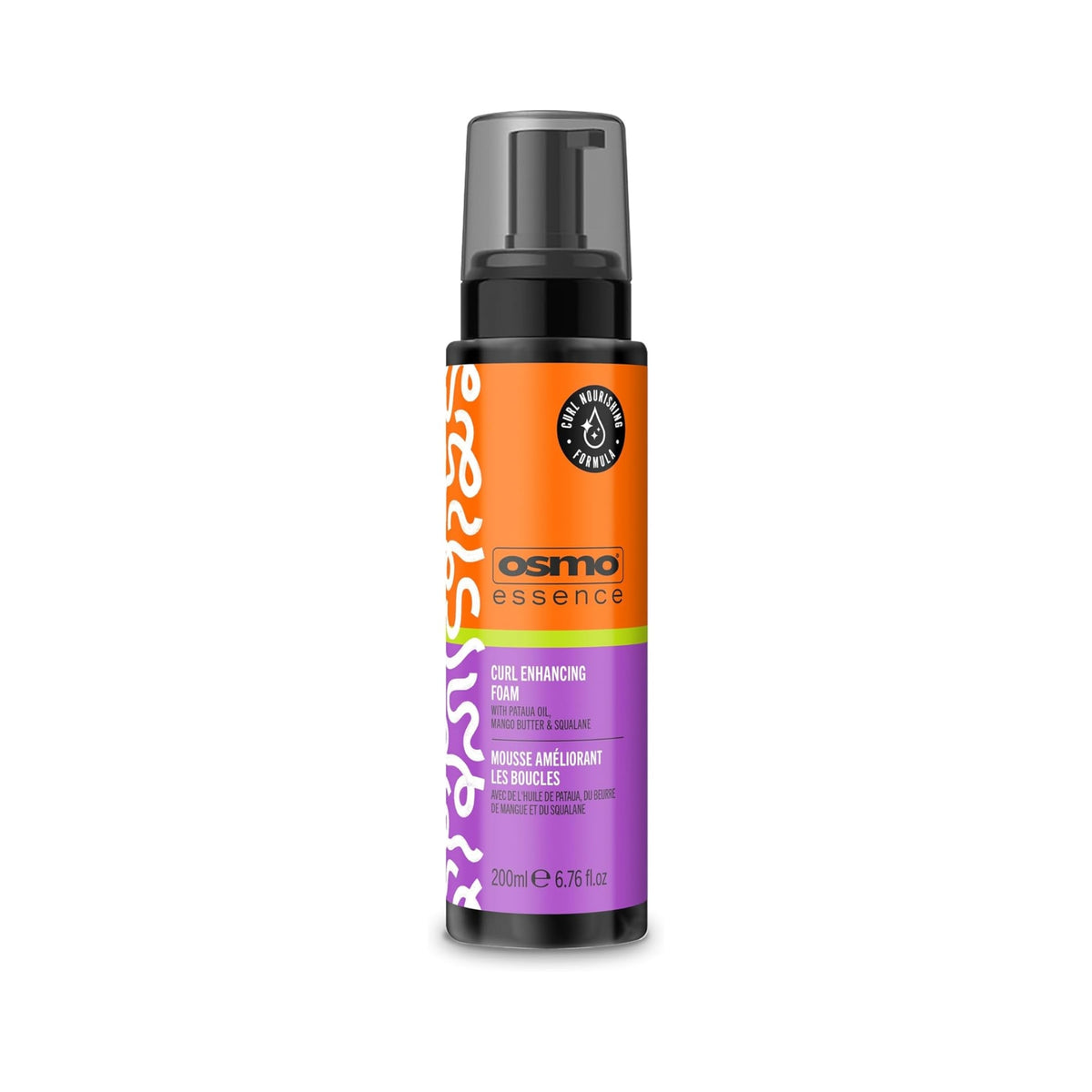 OSMO Essence Curl Enhancing Foam, 200 ml pump bottle in black, orange and purple with white curl pattern.