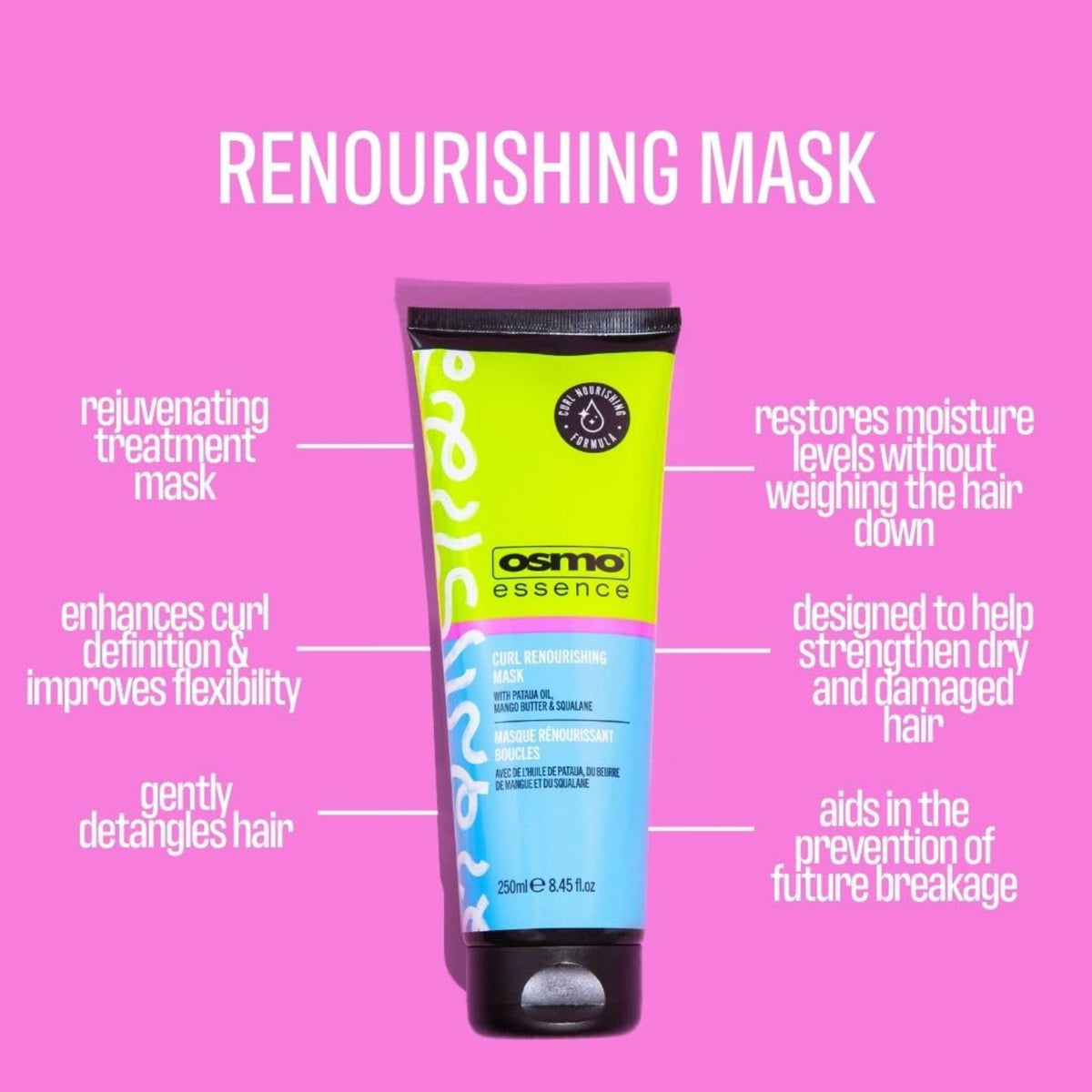 OSMO Essence Curl Renourishing Mask, 250 ml tube in lime green and blue on pink background with benefits.