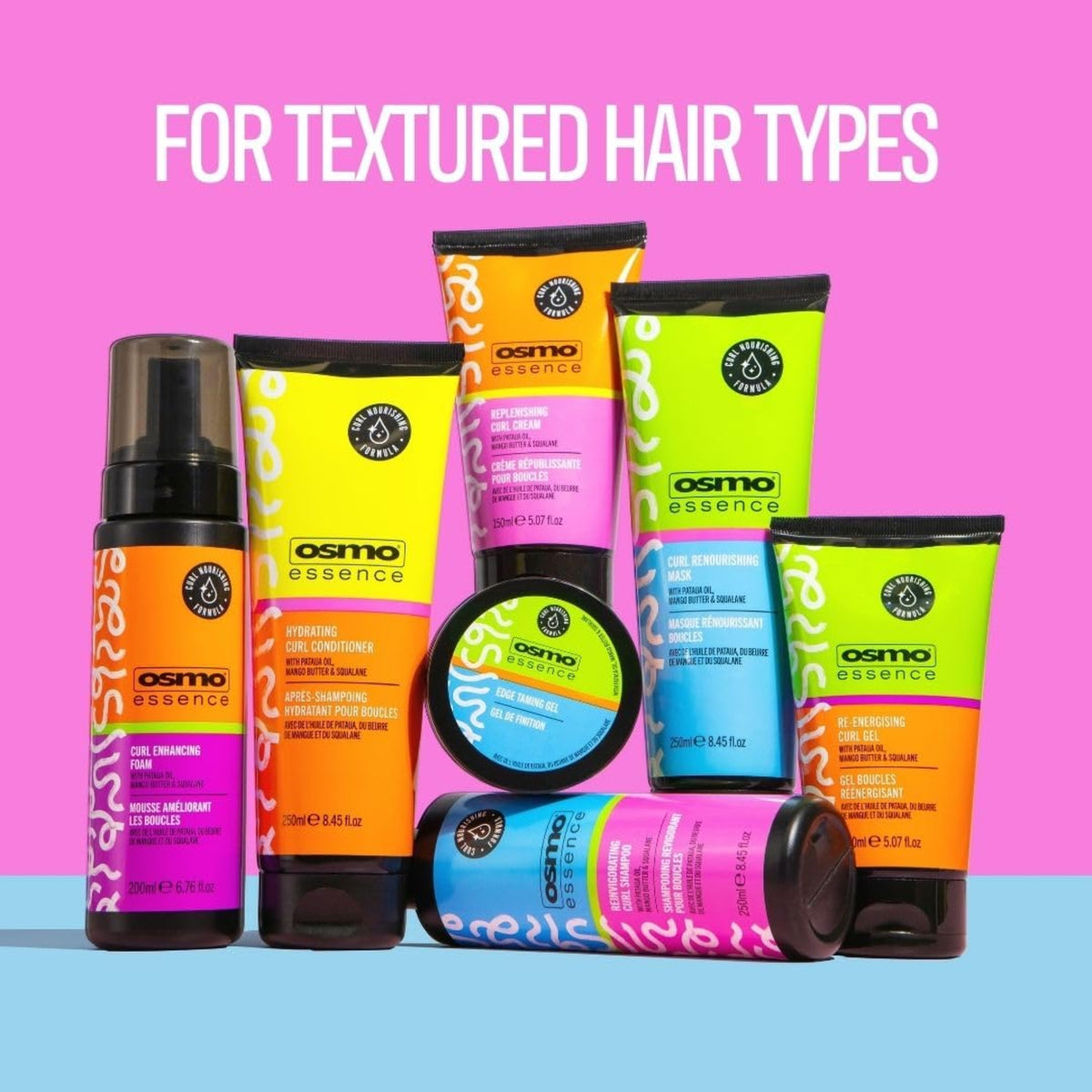 Osmo Essence product range for curly hair in colorful packaging on a pink and blue background.