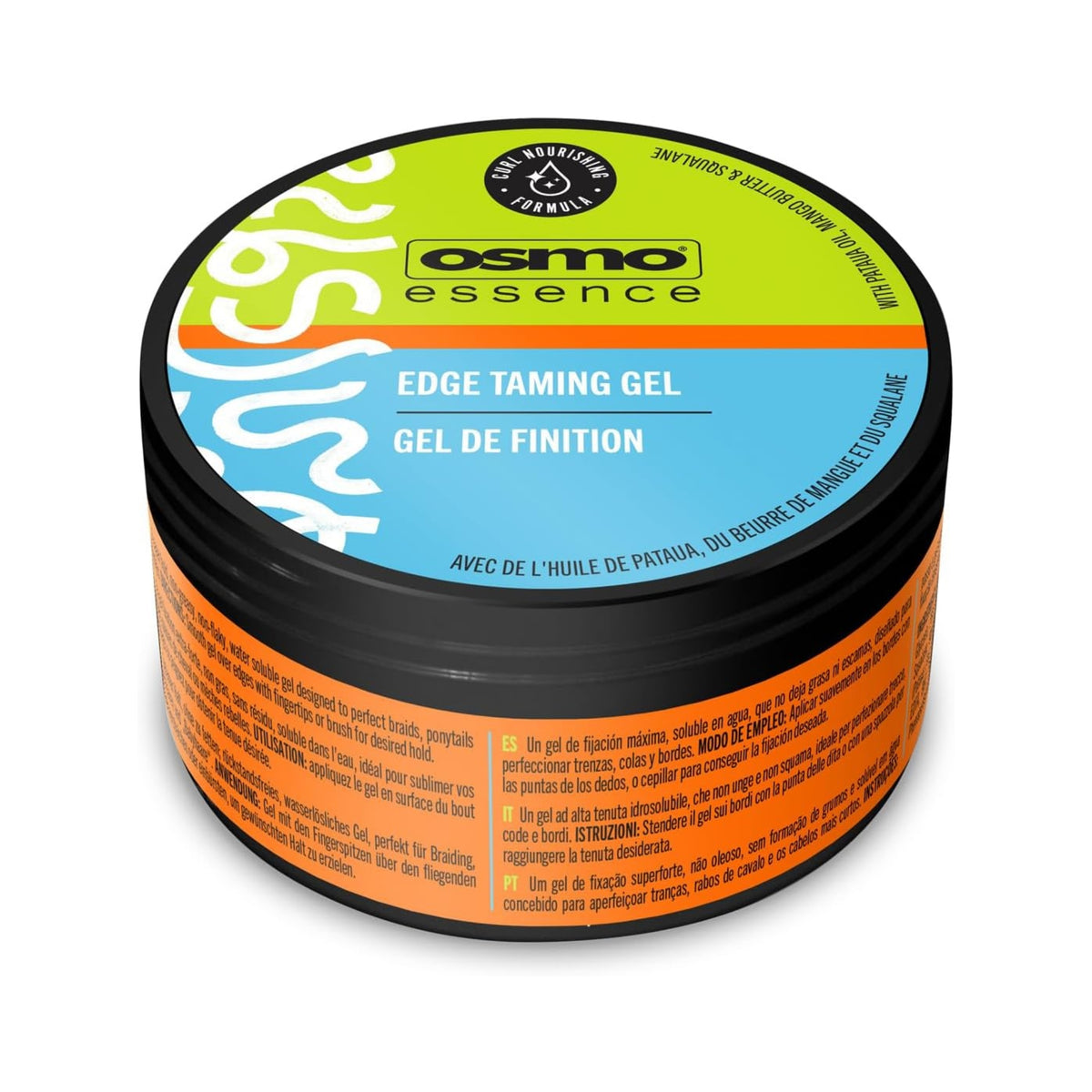 Osmo Essence Edge Taming Gel can with green, blue and orange label for braided hairstyles.