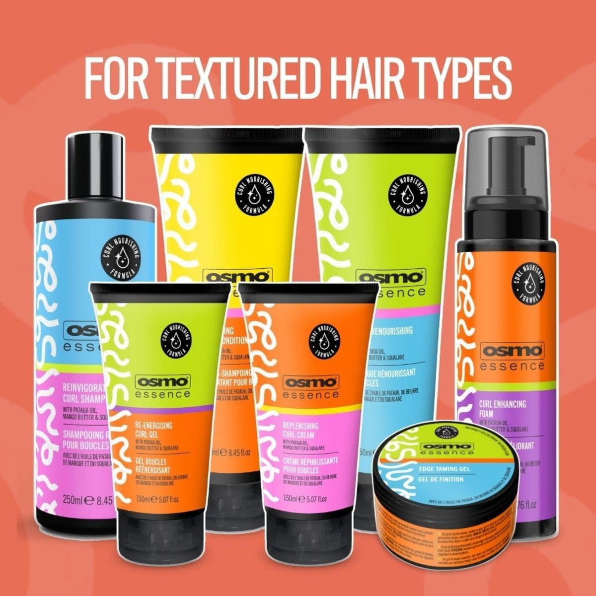 Osmo Essence product range for structured hair: shampoo, conditioner, curl gel, curl cream, foam and edge gel in colorful packaging.
