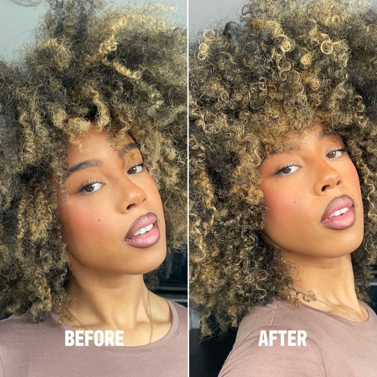 Before and after curly afro hair with blonde highlights – clearer, bouncier curls after treatment.
