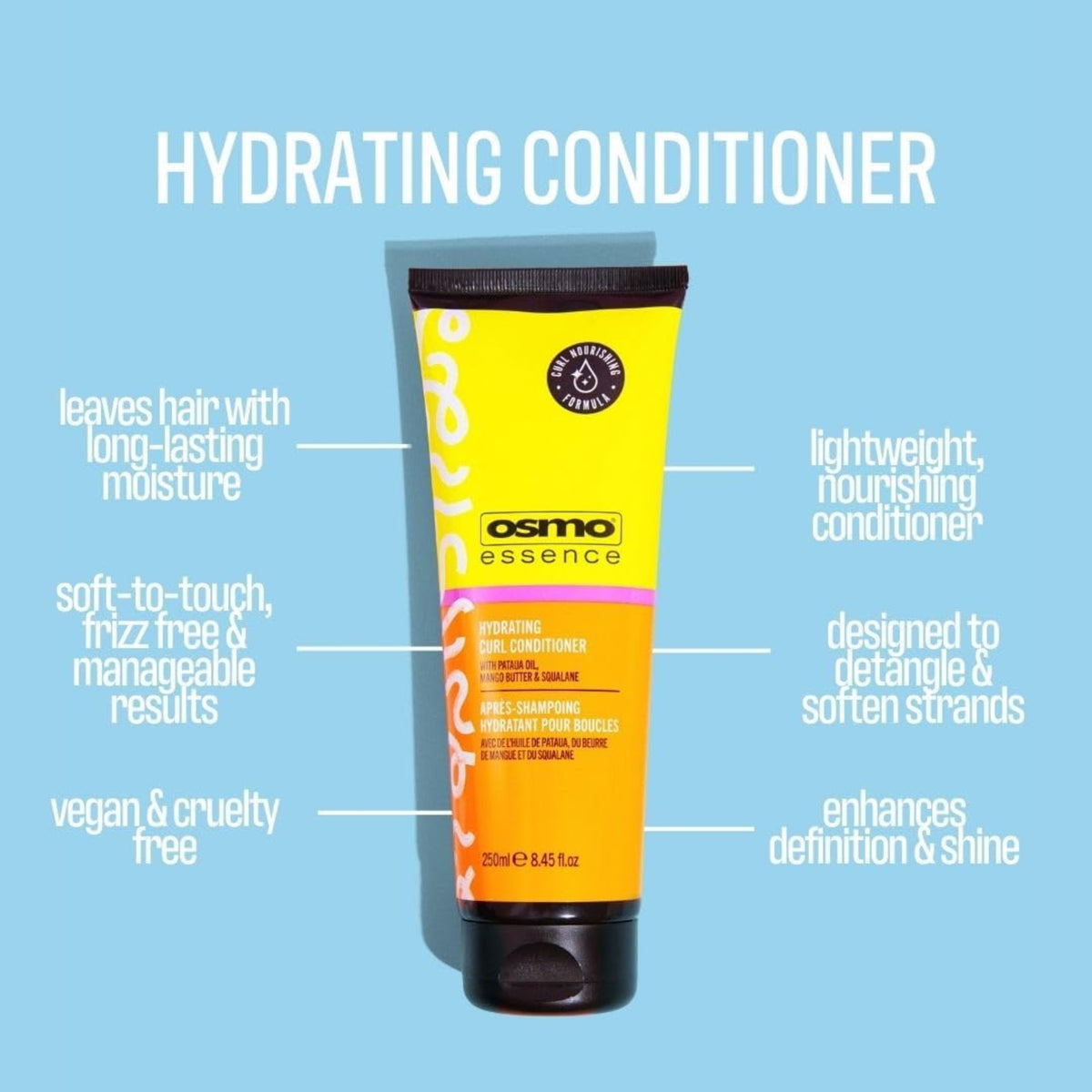 Osmo Essence Hydrating Conditioner in yellow-orange tube on blue background with moisturizing properties for curls.