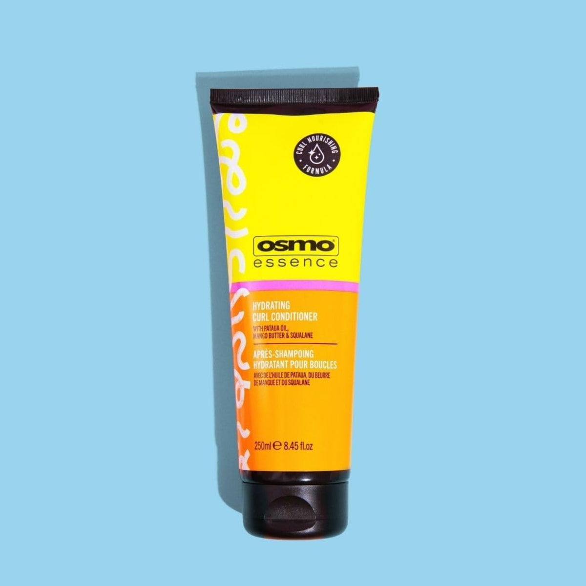 Osmo Essence Hydrating Curl Conditioner tube in yellow and orange, 250 ml, on light blue background.