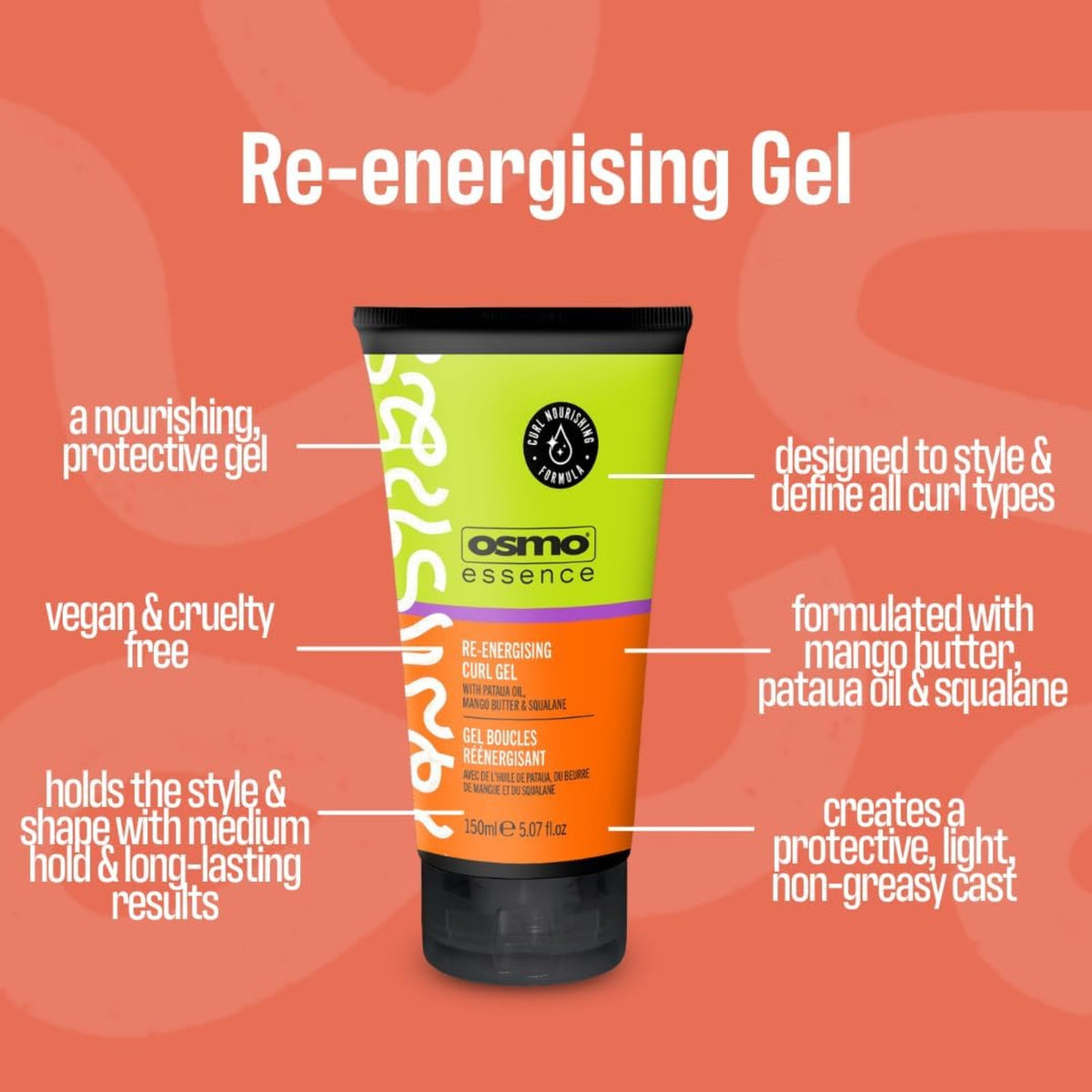 Osmo Essence Re-energizing Gel, 150ml tube in green and orange with black lid against a coral colored background.
