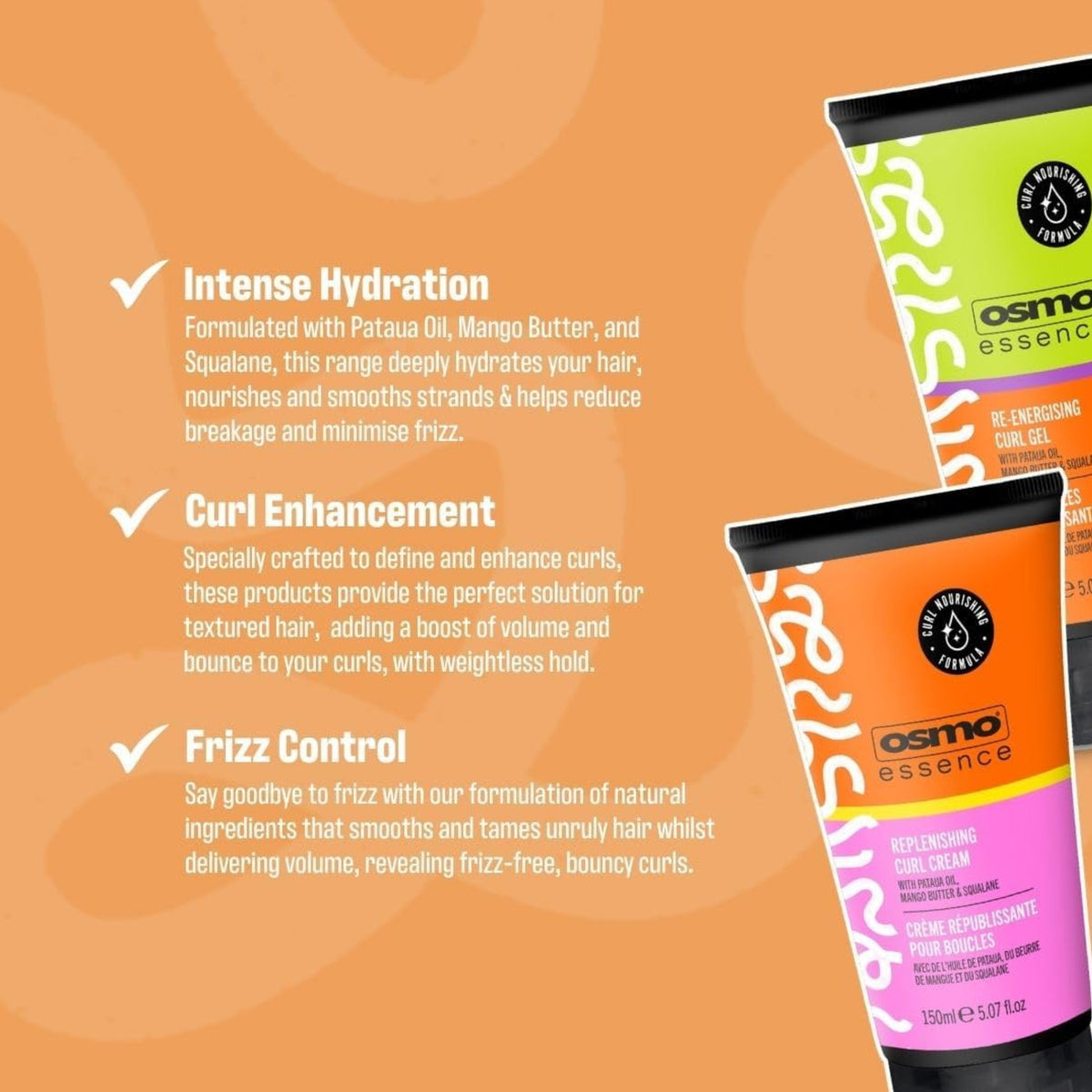 Osmo Essence curl products with green Re-Energising Curl Gel and pink Replenishing Curl Cream against an orange background.