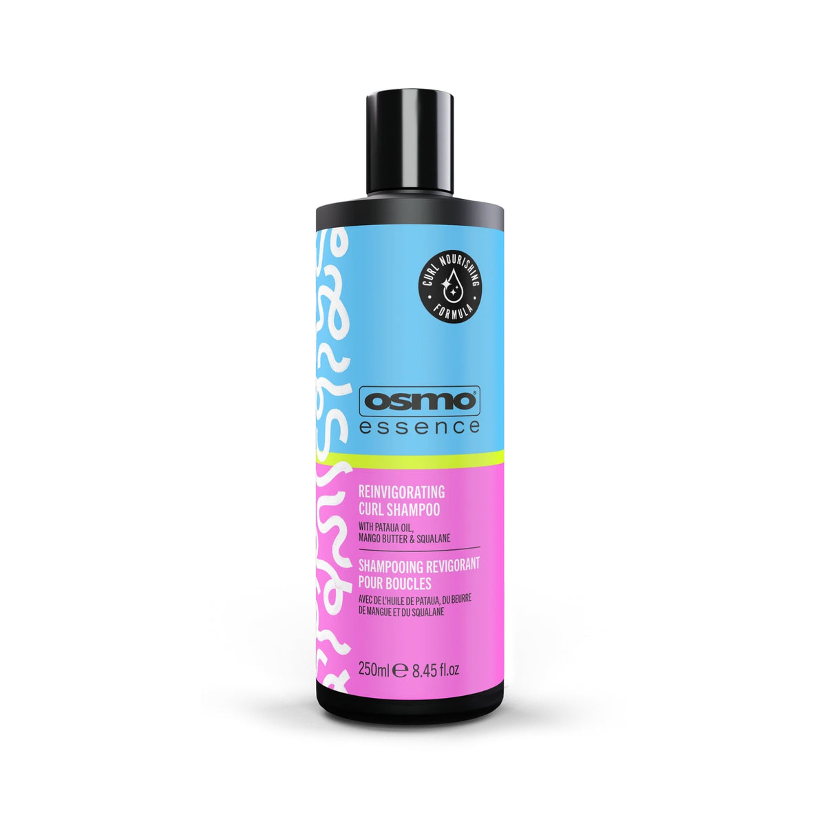 OSMO Essence Reinvigorating Curl Shampoo, 250 ml bottle in blue and pink with black cap.