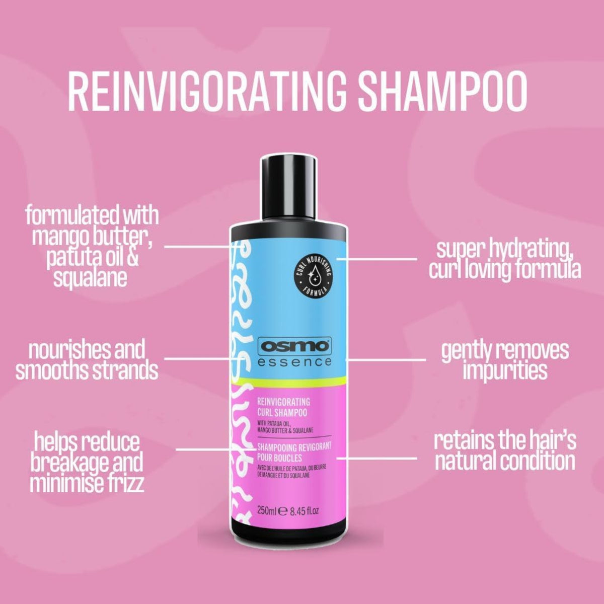 Osmo Essence Reinvigorating Shampoo bottle in blue and pink with information texts about ingredients and benefits.