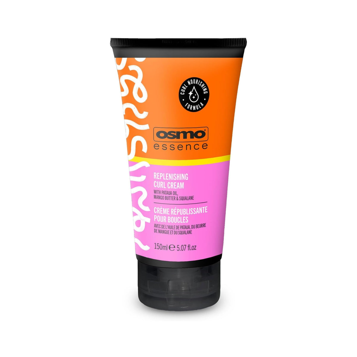 OSMO Essence Replenishing Curl Cream tube, 150 ml, orange and pink packaging with curl pattern.