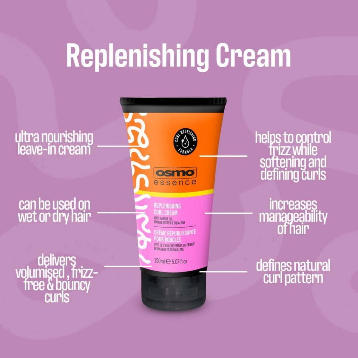 OSMO Essence Replenishing Curl Cream, 150ml tube in orange and pink with black lid on purple background.