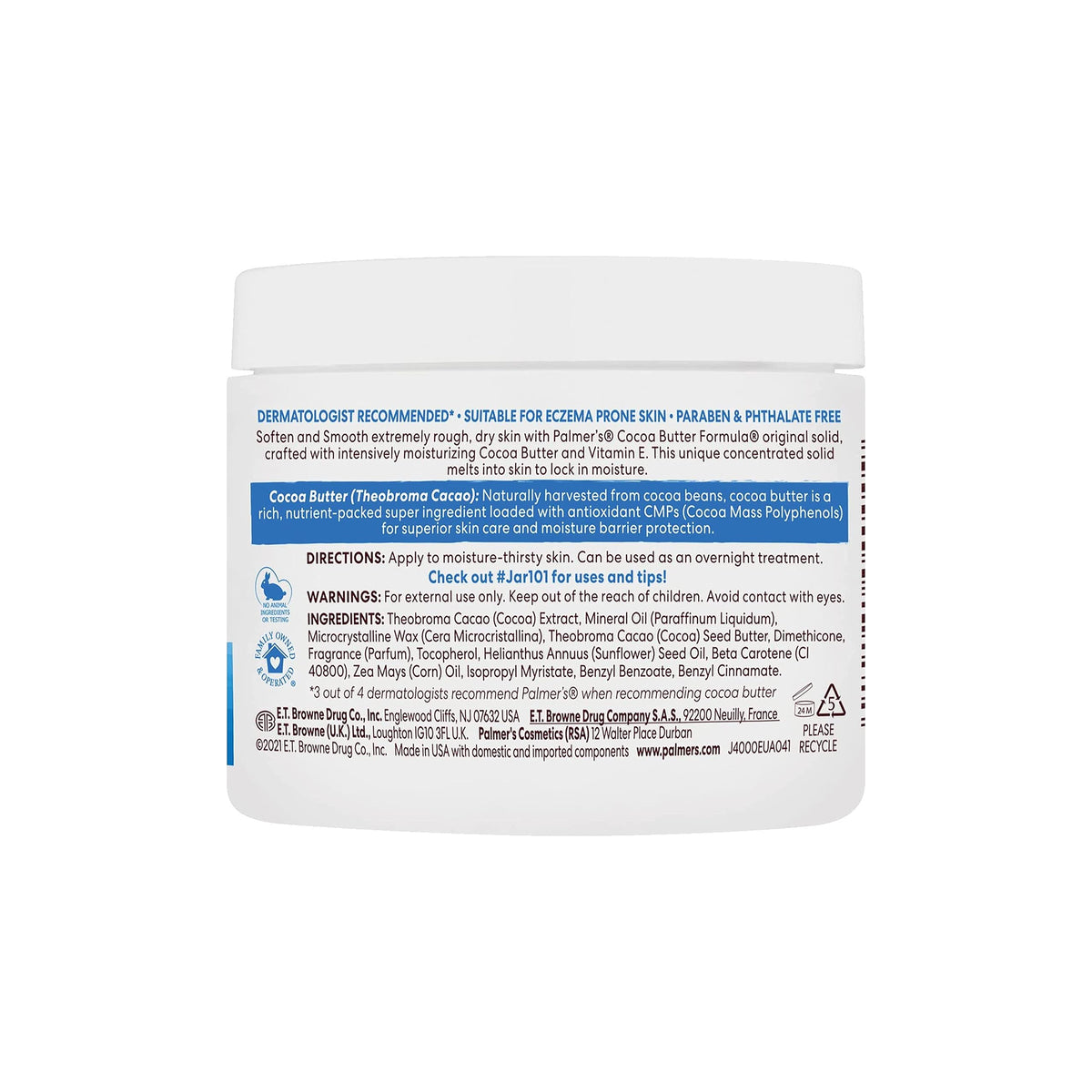 The back of Palmer's Cocoa Butter Formula Cream jar (100g) with information on ingredients, instructions for use, benefits for eczema-prone skin and cocoa butter.