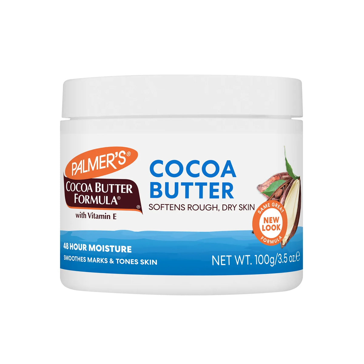 White plastic container with Palmer's Cocoa Butter Formula Cream. Designed to soothe rough and dry skin. Contains vitamin E and provides 48 hours of moisture.