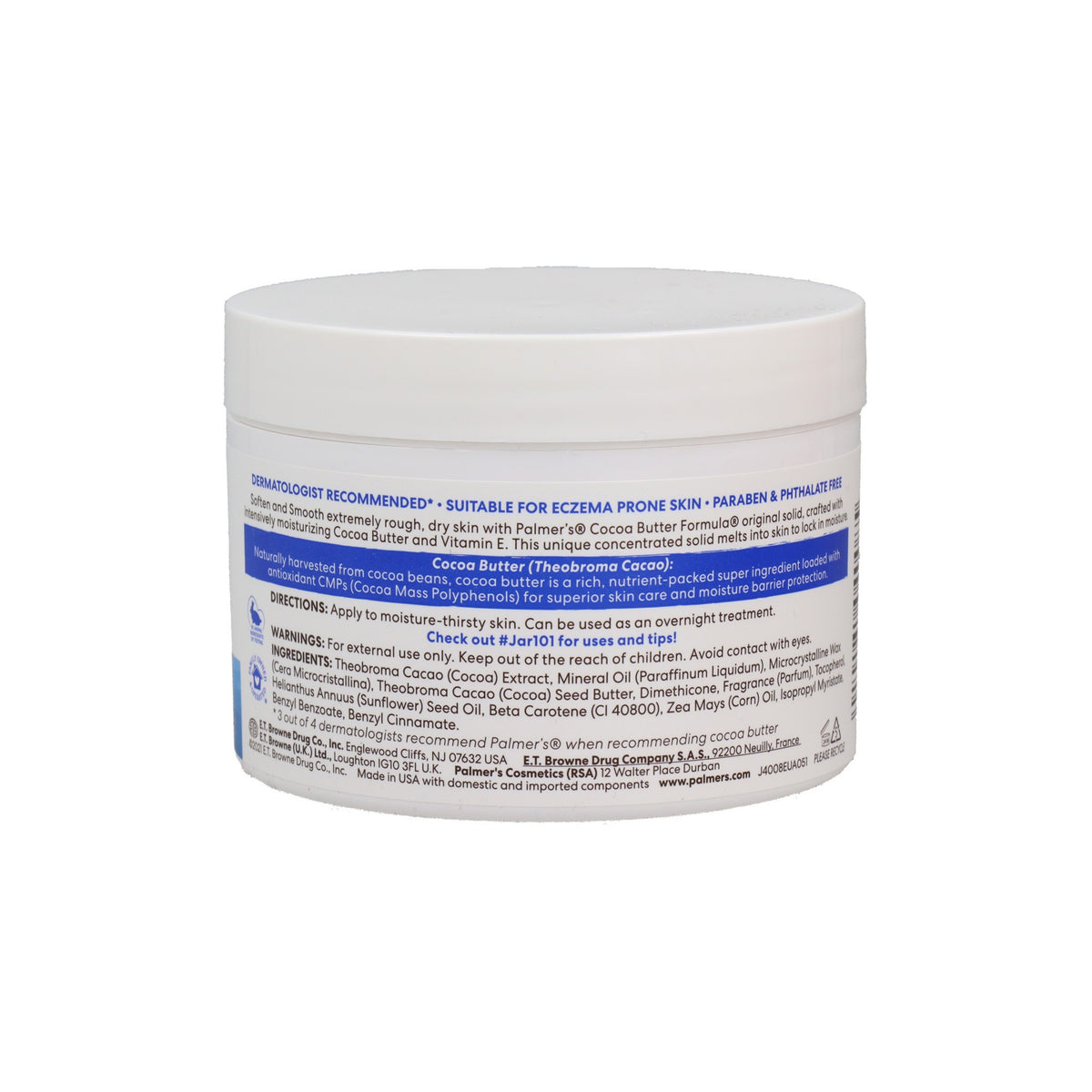 The back of Palmer's Cocoa Butter Formula Cream jar with information on ingredients, instructions for use, benefits for eczema-prone skin and cocoa butter.