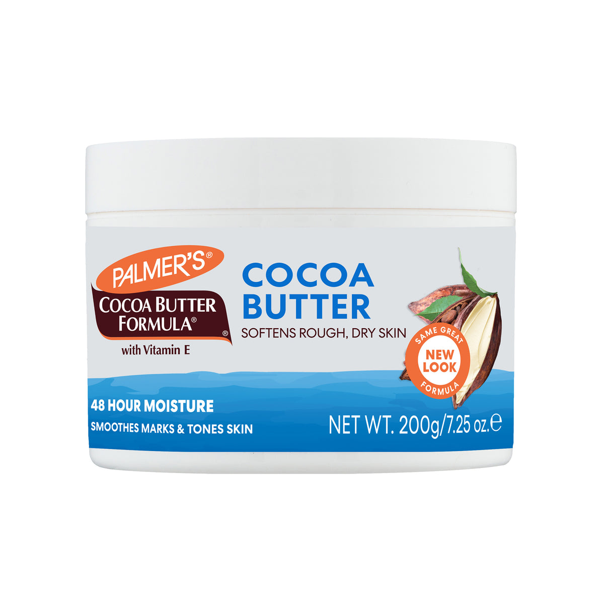 White plastic container with Palmer's Cocoa Butter Formula Cream. Designed to soothe rough and dry skin. Contains vitamin E and provides 48 hours of moisture.