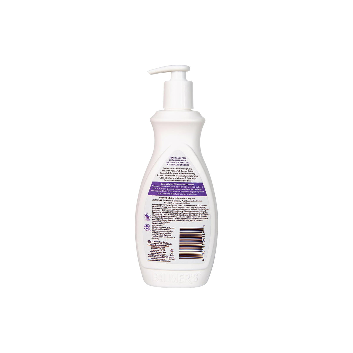 The back of the Palmers Cocoa Butter Fragrance Free Lotion bottle with information on ingredients, directions for use, benefits for sensitive skin and cocoa butter.