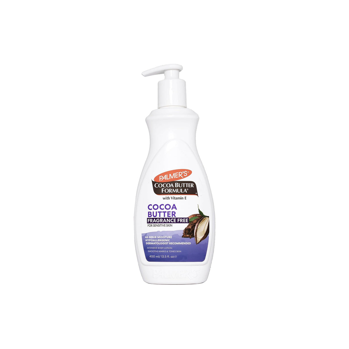 White pump bottle with Palmer's Cocoa Butter Formula Fragrance Free Lotion. Hypoallergenic and dermatologically recommended for sensitive skin.
